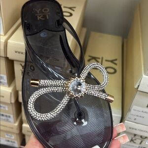 Yoki Black Sandals with Rhinestone Bow